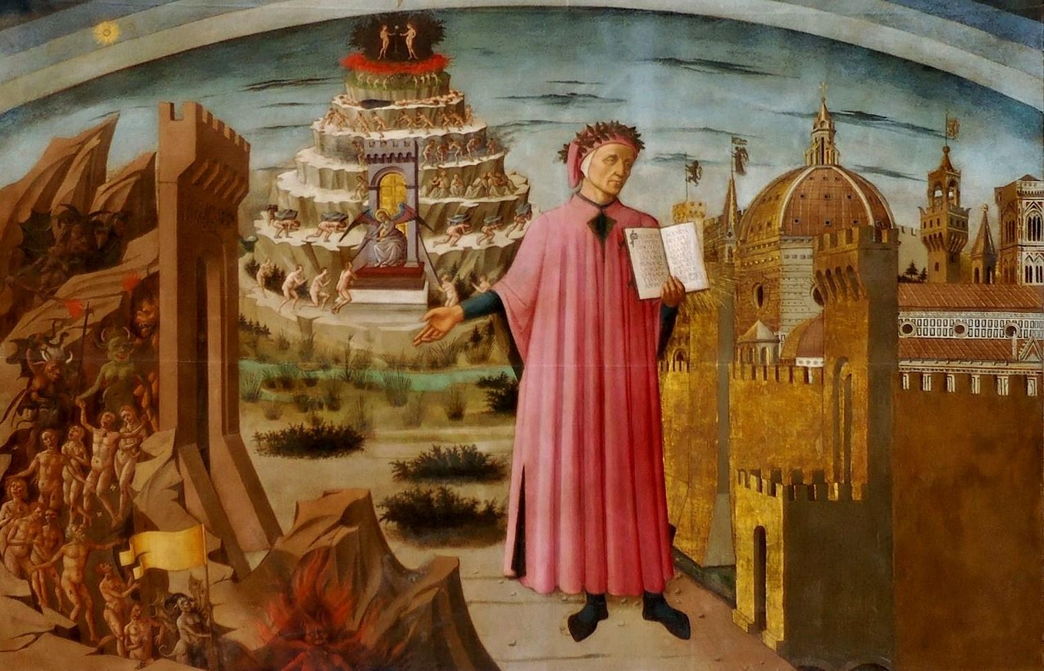 Dante Alighieri s Florenciou a ríšami Božskej komédie, Domenico di Michelino, 1465, wikimedia commons 