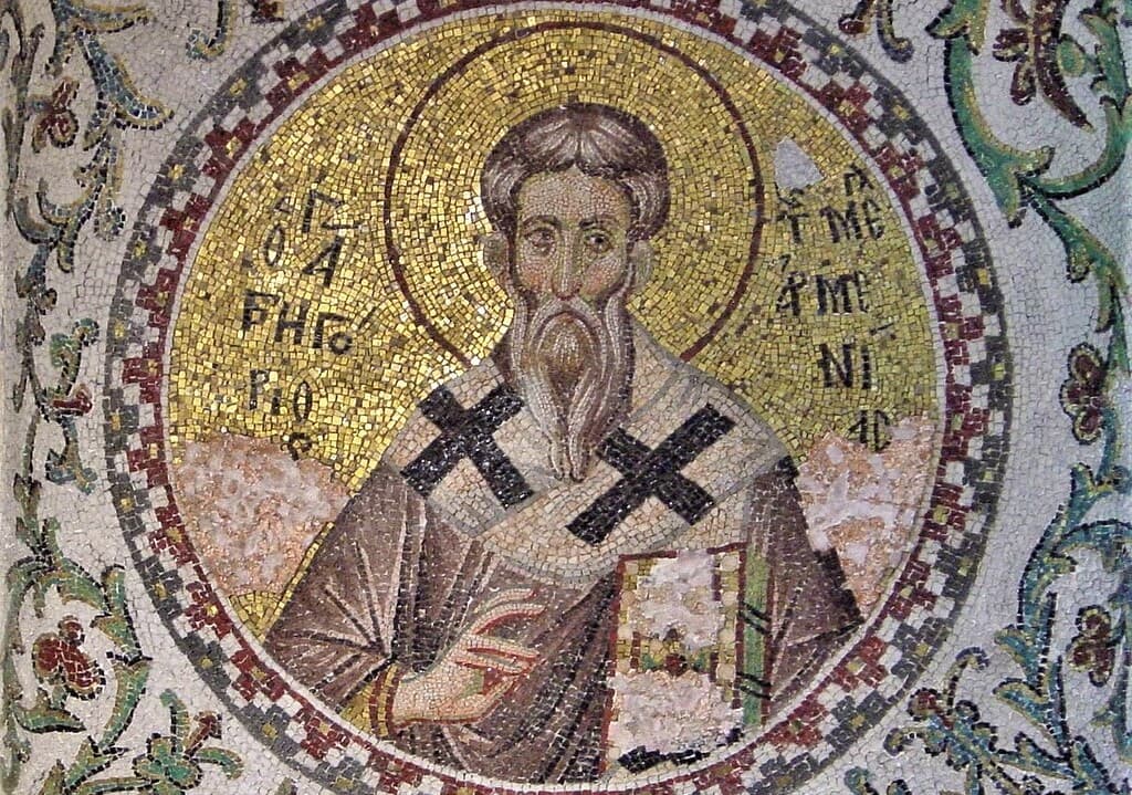 Byzantská mozaika svätého Gregora zo 14. storočia v chráme Pammakaristos v Konštantínopole. Zdroj: wikimedia commons