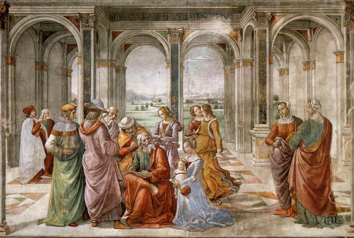 Zachariáš zapisuje meno svojho syna Jána, Domenico Ghirlandaio,1490, Florencia, wikimedia commons 